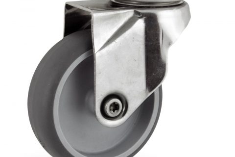 Stainless swivel caster 125mm for light trolleys,wheel made of grey rubber,plain bearing.Top plate fitting