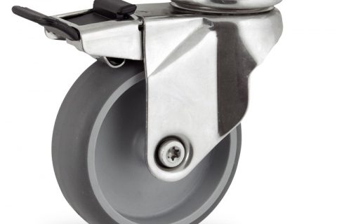 Stainless total lock caster 100mm for light trolleys,wheel made of grey rubber,plain bearing.Top plate fitting