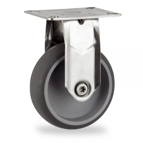 Stainless fixed caster 100mm for light trolleys,wheel made of grey rubber,plain bearing.Top plate fitting