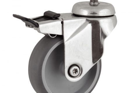 Stainless total lock caster 150mm for light trolleys,wheel made of grey rubber,plain bearing.Threaded stem fitting