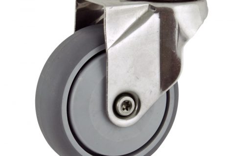Stainless swivel caster 100mm for light trolleys,wheel made of grey rubber,single precision ball bearing.Hollow rivet