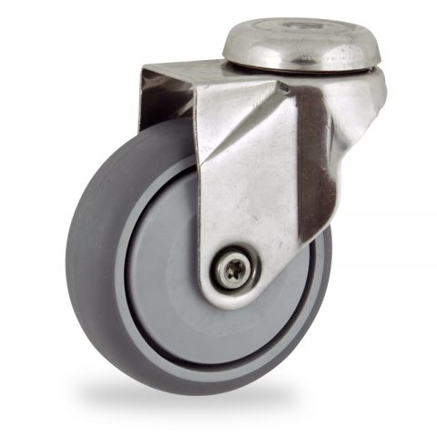 Stainless swivel caster 125mm for light trolleys,wheel made of grey rubber,single precision ball bearing.Hollow rivet