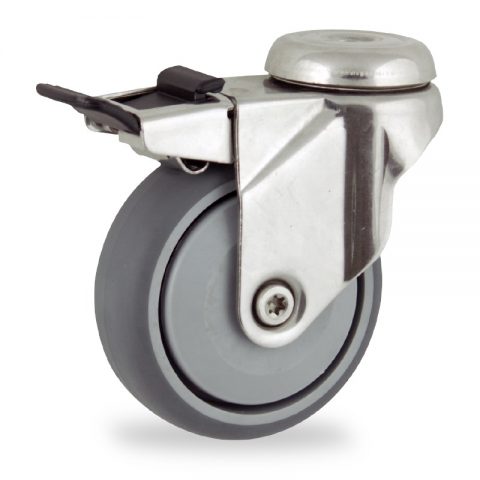 Stainless total lock caster 75mm for light trolleys,wheel made of grey rubber,single precision ball bearing.Hollow rivet