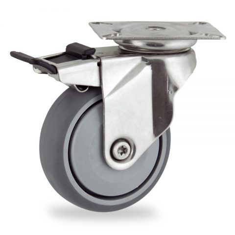 Stainless total lock caster 125mm for light trolleys,wheel made of grey rubber,single precision ball bearing.Top plate fitting