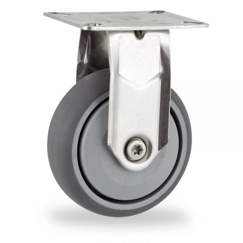 Stainless fixed caster 100mm for light trolleys,wheel made of grey rubber,single precision ball bearing.Top plate fitting