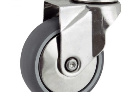 Stainless swivel caster 125mm for light trolleys,wheel made of grey rubber,plain bearing.Hollow rivet