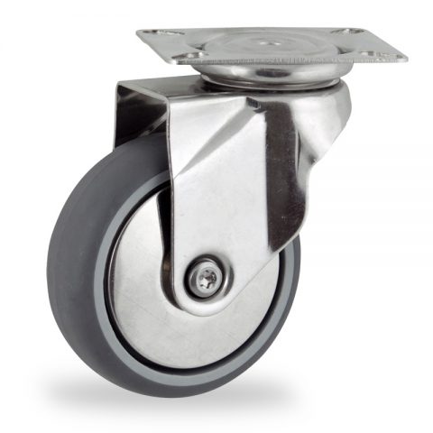 Stainless swivel caster 150mm for light trolleys,wheel made of grey rubber,double ball bearings.Top plate fitting