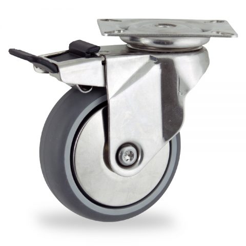 Stainless total lock caster 100mm for light trolleys,wheel made of grey rubber,double ball bearings.Top plate fitting
