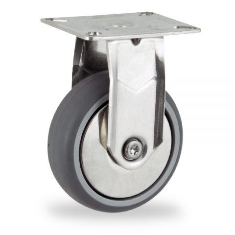 Stainless fixed caster 100mm for light trolleys,wheel made of grey rubber,plain bearing.Top plate fitting