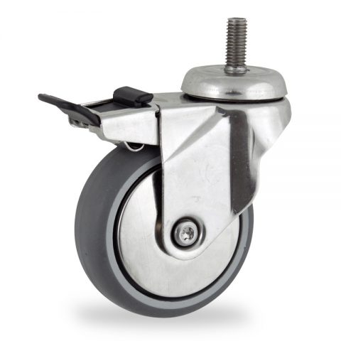 Stainless total lock caster 75mm for light trolleys,wheel made of grey rubber,double ball bearings.Threaded stem fitting