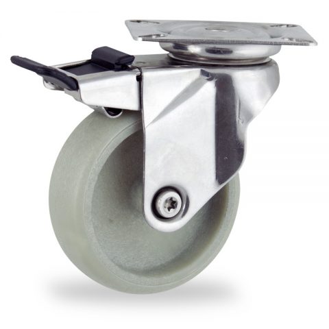 Stainless total lock caster 100mm for light trolleys,wheel made of polyamide with Fiber glass,plain bearing.Top plate fitting