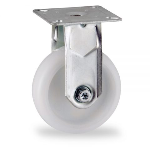Zinc plated fixed caster 75mm for light trolleys,wheel made of polyamide,plain bearing.Top plate fitting