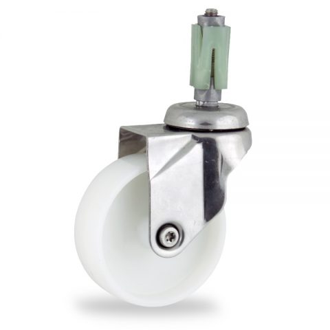 Stainless swivel caster 75mm for light trolleys,wheel made of polyamide,plain bearing.Fitting with square expander socket 24/27
