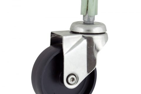 Stainless swivel caster 100mm for light trolleys,wheel made of polypropylene,plain bearing.Fitting with square expander socket 24/27