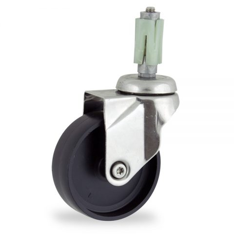 Stainless swivel caster 100mm for light trolleys,wheel made of polypropylene,plain bearing.Fitting with square expander socket 31/35