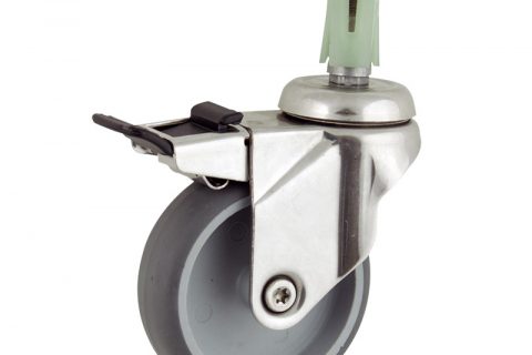 Stainless total lock caster 100mm for light trolleys,wheel made of grey rubber,double ball bearings.Fitting with square expander socket 24/27