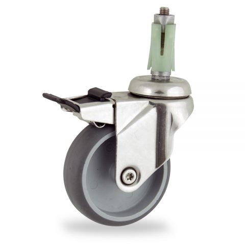 Stainless total lock caster 100mm for light trolleys,wheel made of grey rubber,double ball bearings.Fitting with square expander socket 27/31
