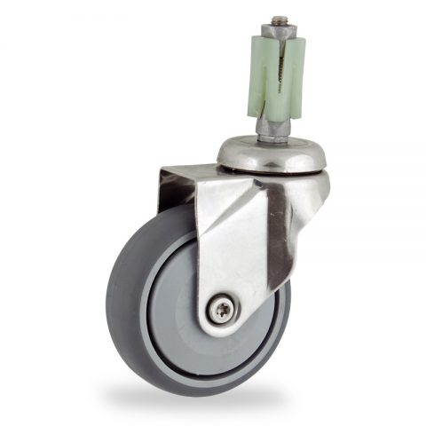 Stainless swivel caster 100mm for light trolleys,wheel made of grey rubber,single precision ball bearing.Fitting with square expander socket 31/35
