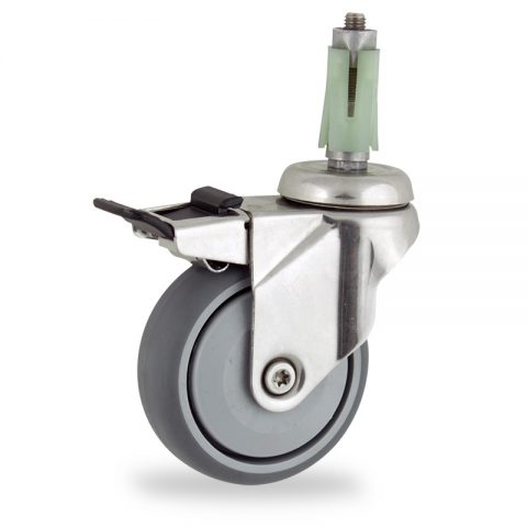Stainless total lock caster 100mm for light trolleys,wheel made of grey rubber,single precision ball bearing.Fitting with square expander socket 31/35