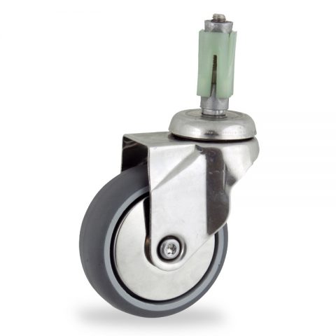 Stainless swivel caster 75mm for light trolleys,wheel made of grey rubber,double ball bearings.Fitting with square expander socket 31/35