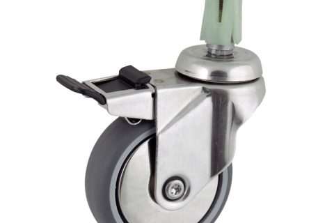 Stainless total lock caster 75mm for light trolleys,wheel made of grey rubber,double ball bearings.Fitting with square expander socket 21/24