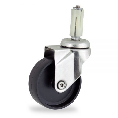 Stainless swivel caster 100mm for light trolleys,wheel made of polypropylene,plain bearing.Fitting with round expander socket 26/30
