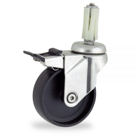 Stainless total lock caster 100mm for light trolleys,wheel made of polypropylene,plain bearing.Fitting with round expander socket 26/30