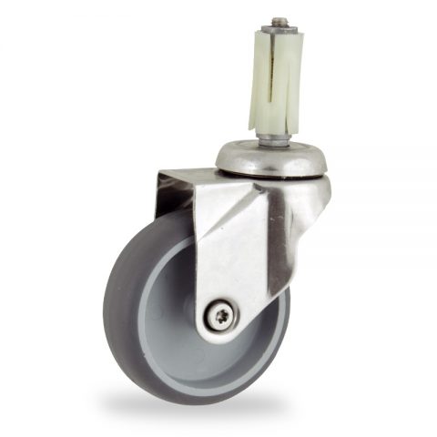 Stainless swivel caster 100mm for light trolleys,wheel made of grey rubber,plain bearing.Fitting with round expander socket 26/30