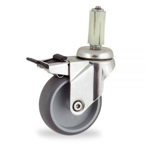 Stainless total lock caster 100mm for light trolleys,wheel made of grey rubber,double ball bearings.Fitting with round expander socket 23/26