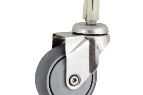 Stainless swivel caster 75mm for light trolleys,wheel made of grey rubber,single precision ball bearing.Fitting with round expander socket 26/30