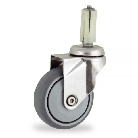 Stainless swivel caster 75mm for light trolleys,wheel made of grey rubber,single precision ball bearing.Fitting with round expander socket 19/23