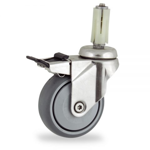 Stainless total lock caster 75mm for light trolleys,wheel made of grey rubber,single precision ball bearing.Fitting with round expander socket 23/26
