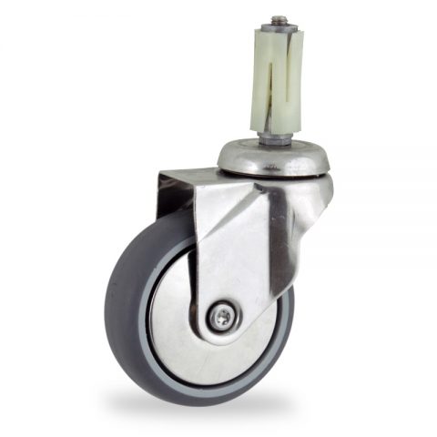 Stainless swivel caster 100mm for light trolleys,wheel made of grey rubber,double ball bearings.Fitting with round expander socket 19/23