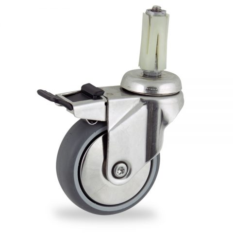 Stainless total lock caster 100mm for light trolleys,wheel made of grey rubber,double ball bearings.Fitting with round expander socket 19/23