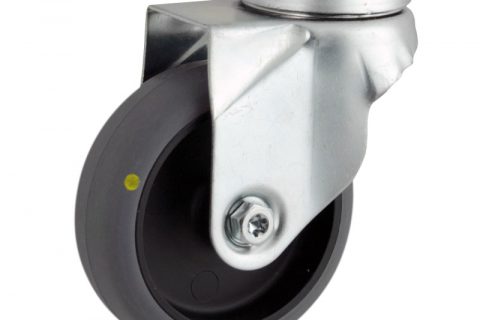 Zinc plated swivel caster 50mm for light trolleys,wheel made of electric conductive grey rubber,plain bearing.Hollow rivet