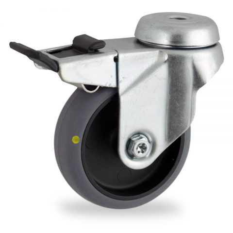 Zinc plated total lock caster 75mm for light trolleys,wheel made of electric conductive grey rubber,plain bearing.Hollow rivet