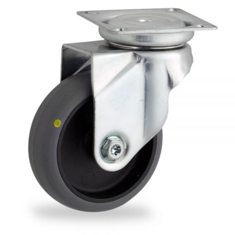 Zinc plated swivel caster 75mm for light trolleys,wheel made of electric conductive grey rubber,plain bearing.Top plate fitting