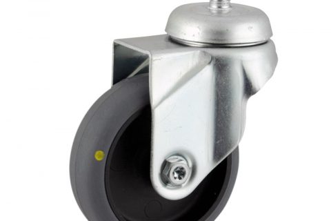 Zinc plated swivel caster 100mm for light trolleys,wheel made of electric conductive grey rubber,double ball bearings.Threaded stem fitting
