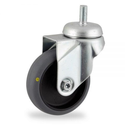 Zinc plated swivel caster 125mm for light trolleys,wheel made of electric conductive grey rubber,plain bearing.Threaded stem fitting