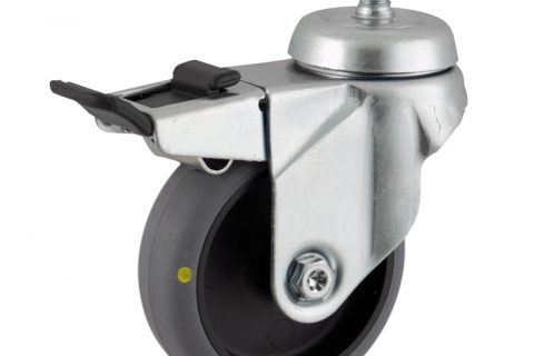 Zinc plated total lock caster 50mm for light trolleys,wheel made of electric conductive grey rubber,double ball bearings.Threaded stem fitting