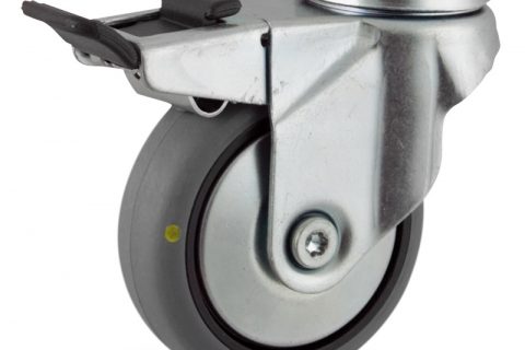 Zinc plated total lock caster 125mm for light trolleys,wheel made of electric conductive grey rubber,double ball bearings.Hollow rivet