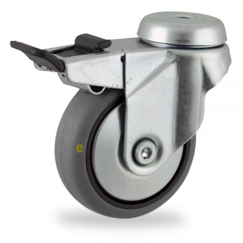 Zinc plated total lock caster 100mm for light trolleys,wheel made of electric conductive grey rubber,plain bearing.Hollow rivet