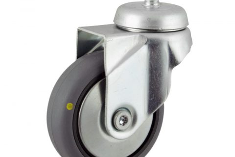 Zinc plated swivel caster 75mm for light trolleys,wheel made of electric conductive grey rubber,plain bearing.Threaded stem fitting