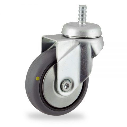 Zinc plated swivel caster 125mm for light trolleys,wheel made of electric conductive grey rubber,double ball bearings.Threaded stem fitting
