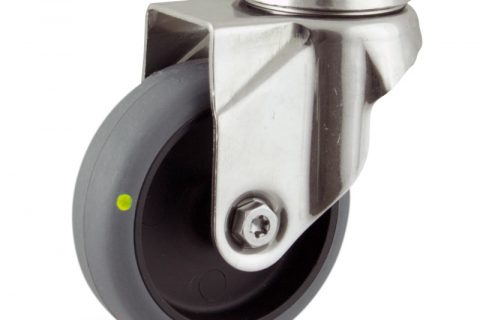 Stainless swivel caster 125mm for light trolleys,wheel made of electric conductive grey rubber,plain bearing.Hollow rivet