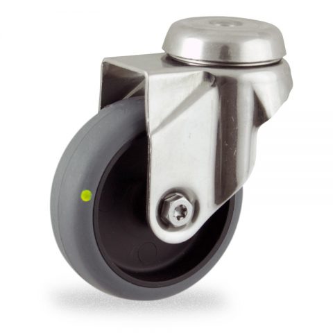 Stainless swivel caster 50mm for light trolleys,wheel made of electric conductive grey rubber,plain bearing.Hollow rivet