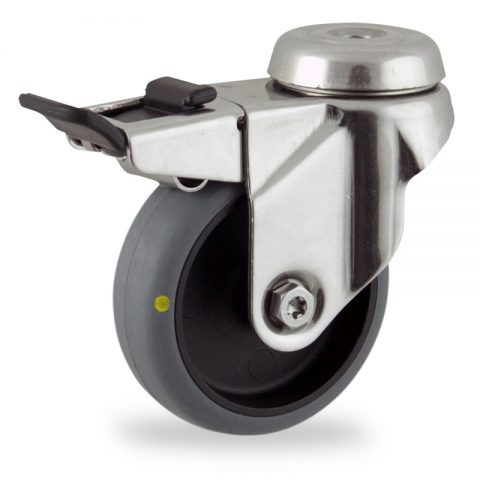 Stainless total lock caster 75mm for light trolleys,wheel made of electric conductive grey rubber,plain bearing.Hollow rivet