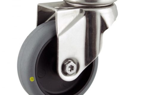 Stainless swivel caster 50mm for light trolleys,wheel made of electric conductive grey rubber,plain bearing.Top plate fitting
