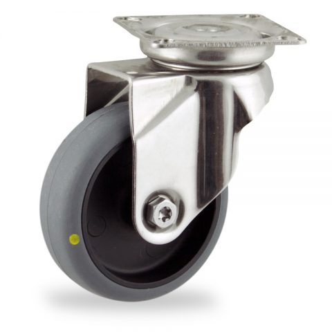 Stainless swivel caster 50mm for light trolleys,wheel made of electric conductive grey rubber,double ball bearings.Top plate fitting
