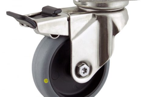 Stainless total lock caster 75mm for light trolleys,wheel made of electric conductive grey rubber,double ball bearings.Top plate fitting
